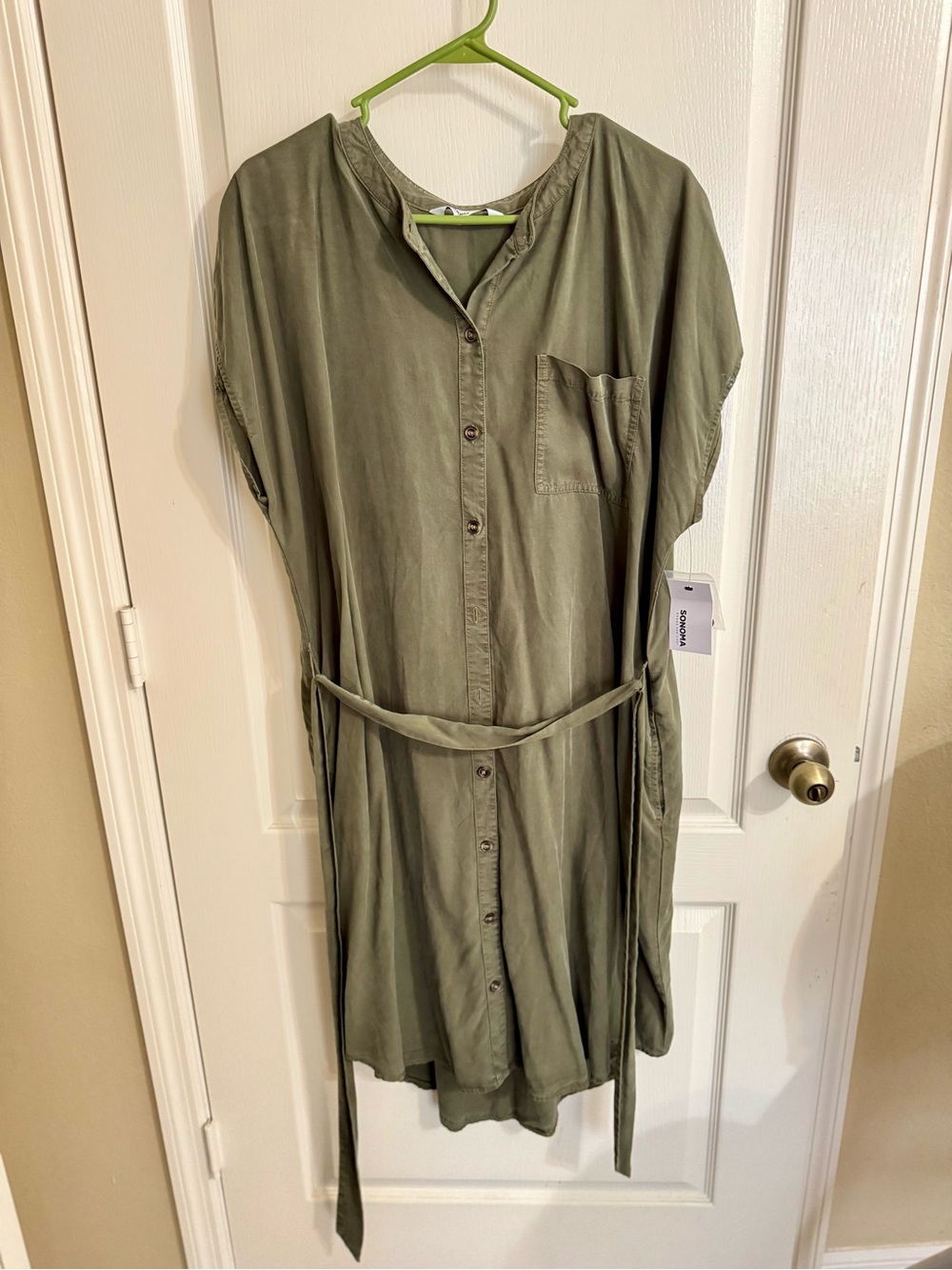 Olive Green Button-Front Women’s Shirt Dress with Tie Waist